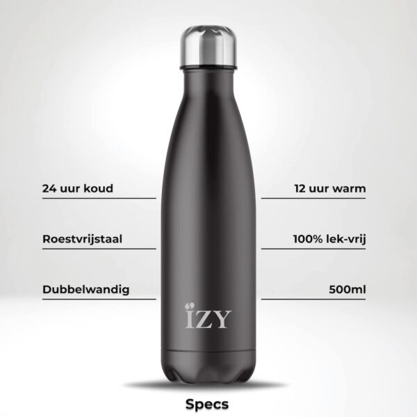 IZY Drinkfles - Zwart  - Waterfles - Thermosbeker - RVS - 12 uur lang warm - 500 ml - Afbeelding 2
