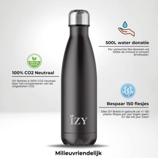IZY Drinkfles - Zwart  - Waterfles - Thermosbeker - RVS - 12 uur lang warm - 500 ml - Afbeelding 3