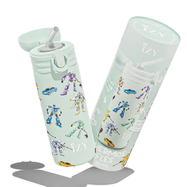 IZY Drinkfles - Kinderbeker - Groen - Waterfles met Rietje - Thermosbeker - RVS - 6 uur lang warm - 350 ml