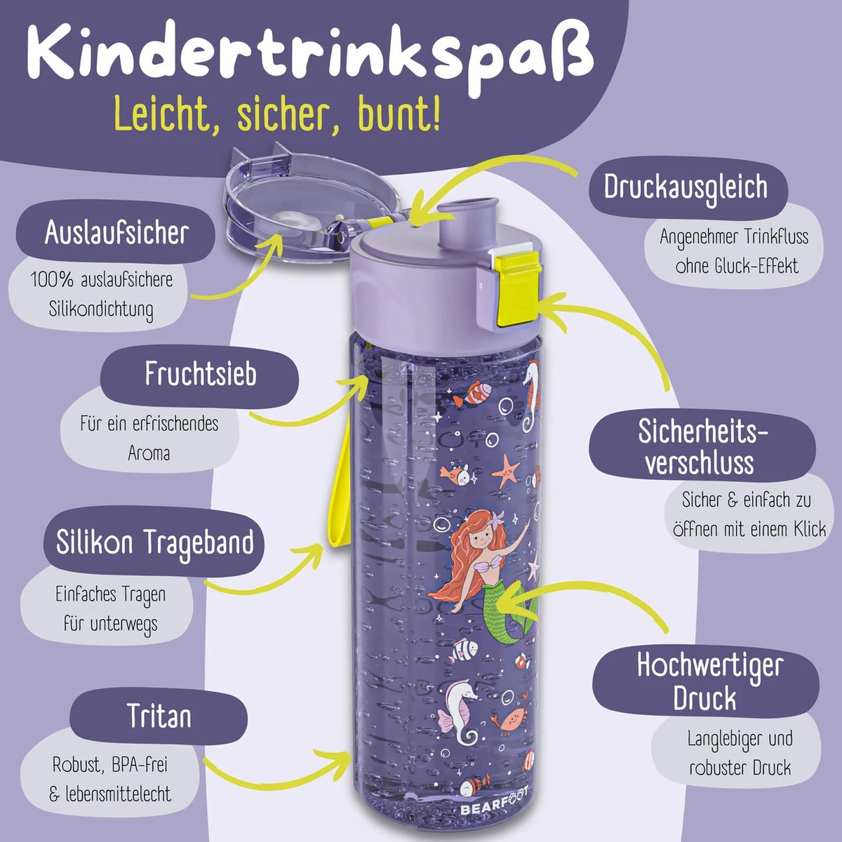 BEARFOOT Drinkfles voor kinderen - 500 ml - zeemeermin-paars