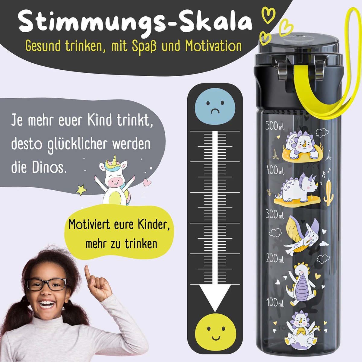 BEARFOOT Drinkfles voor kinderen - 500 ml - dinosaurus-zwart