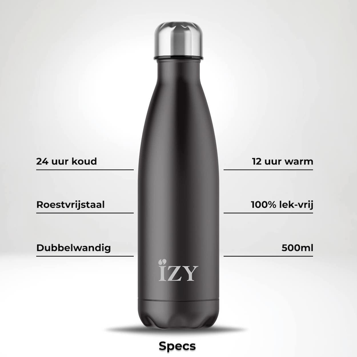IZY Drinkfles - Zwart - Waterfles - Thermosbeker - RVS - 12 uur lang warm - 500 ml - Afbeelding 2